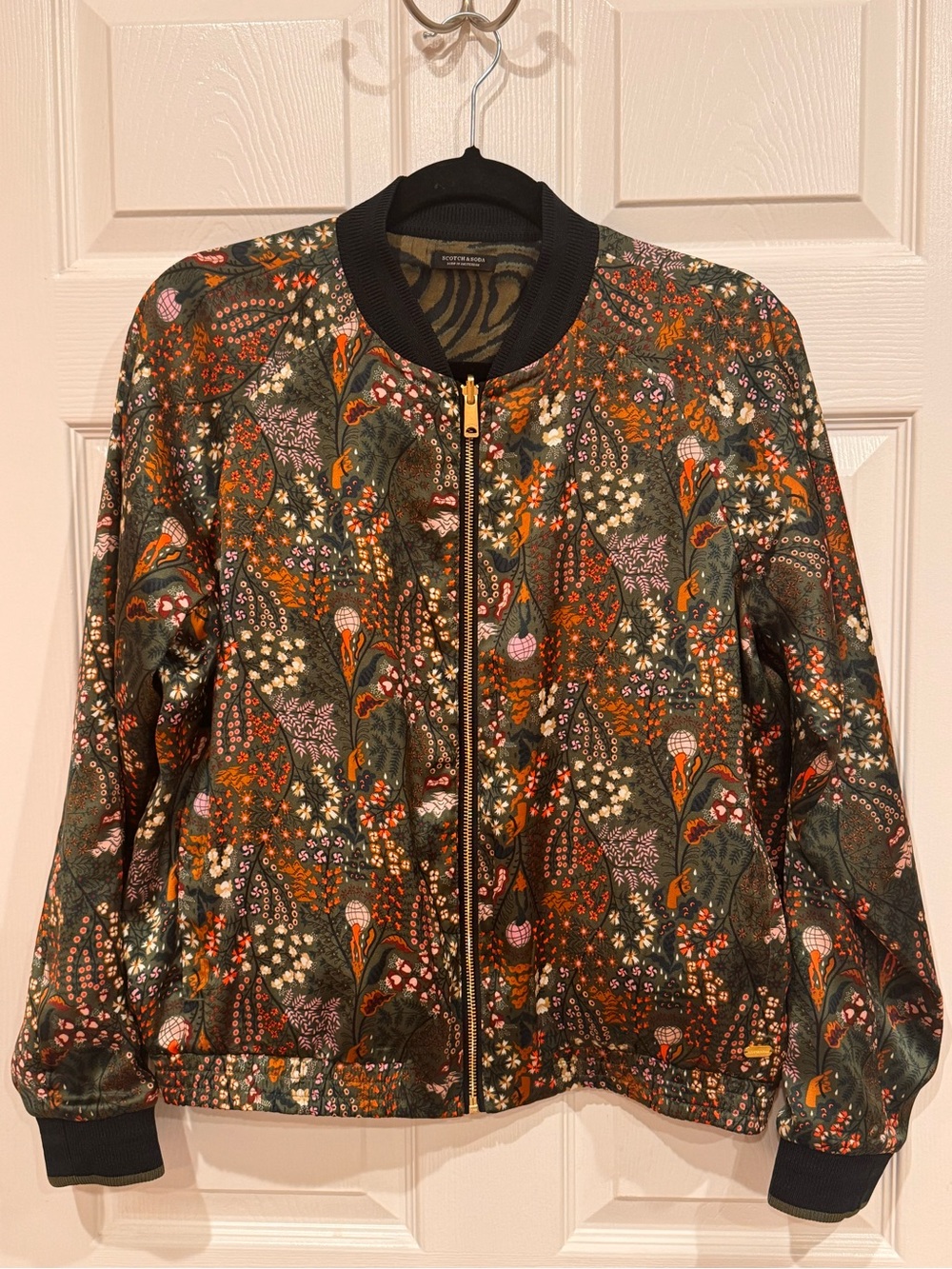 * Reversible* Scotch & Soda - Satin Floral Bomber Jacket with Gold Zipper